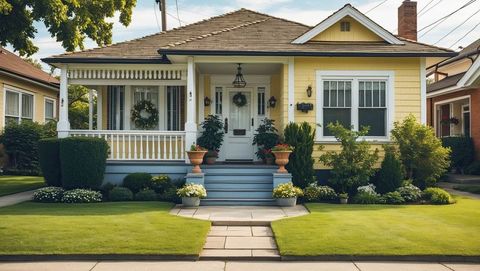 Charming yellow cottage with welcoming front porch in suburban setting