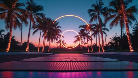 Futuristic Neon Rings Glow in Tropical Dusk Paradise