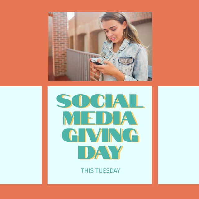 Social media giving day, this tuesday text in green with happy caucasian woman using smartphone. Social media fundraising and charity donation awareness campaign digitally generated image.