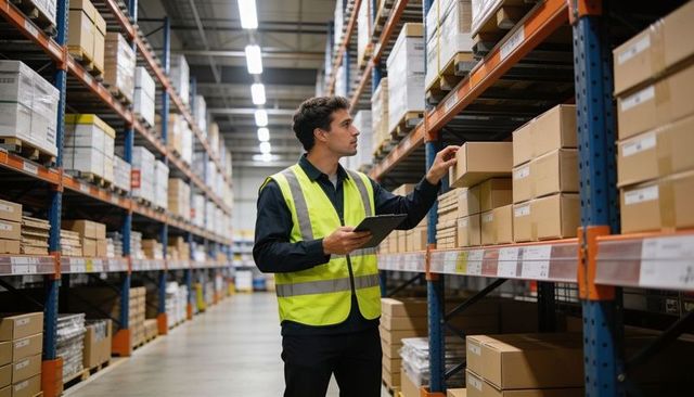Warehouse worker inspecting inventory with tablet wearing high visibility vest in aisle