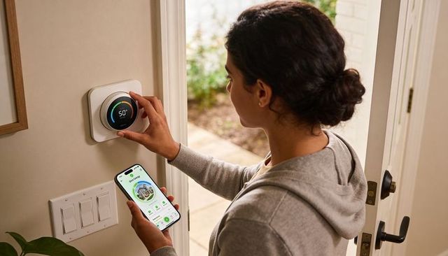 Woman adjusting smart thermostat with smartphone app in home entryway for energy control