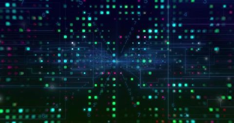 Futuristic Digital Grid with Glowing Squares and Circuit Lines