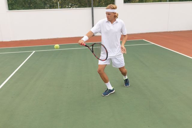 Caucasian man wearing tennis whites playing tennis on a sunny day. Ideal for content related to sports, outdoor activities, healthy lifestyle, athletic wear, and leisure time. Suitable for use in advertisements, sports magazines, fitness blogs, and promotional materials for tennis equipment.