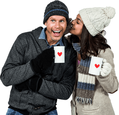 winter-themed design showing an affectionate couple in warm clothing enjoying time together while holding matching mugs with heart designs. this transparent background makes it versatile for holiday promotions, winter clothing advertisements, or seasonal greeting cards. ideal for themes celebrating warmth, love, and joy during cold months.