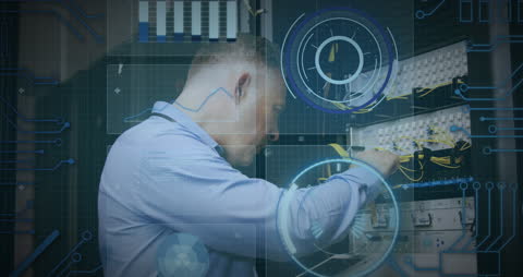 Caucasian IT Technician Working on Computer Server with Digital Overlay