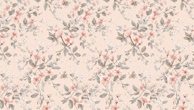 Soft peach watercolor floral pattern with vintage blossoms and muted gray-green foliage