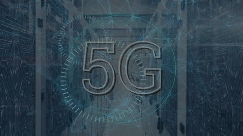 5G Technology Text Overlay in Futuristic Server Room