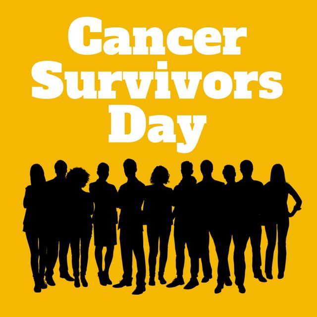Image captures vibrant celebration of Cancer Survivors Day with group silhouettes against yellow background. Suitable for health events, community gatherings, awareness campaigns, and support group promotions.