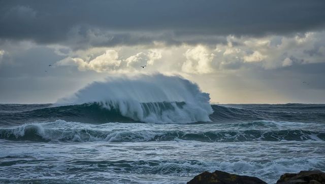 Powerful Ocean Wave Crashing Against Rocky Shore