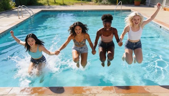 Four friends jumping hand-in-hand splashing in backyard pool wearing tanks and denim shorts