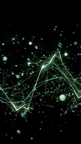 Vertical green waveform pulsing with drifting particles over black void, cyber motion loop