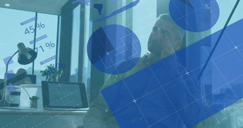 Businessman Analyzing Statistics with Abstract Data Visuals in Office