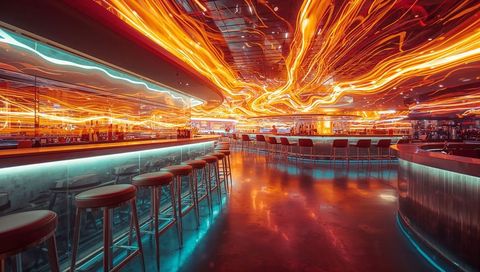 Glowing curved bar with swirling neon orange light trails in futuristic nightclub interior