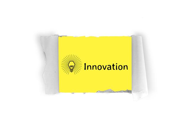 This image shows a piece of torn paper revealing a bright yellow background with an illuminated light bulb and the word 'Innovation'. It can be used for presentations, websites, and marketing materials to convey themes of creativity, new ideas, and forward-thinking. Ideal for business, technology, and educational content.