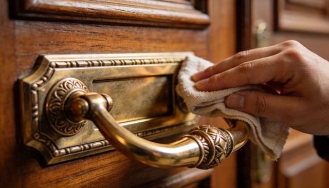 Polishing ornate brass door handle on paneled wooden interior door