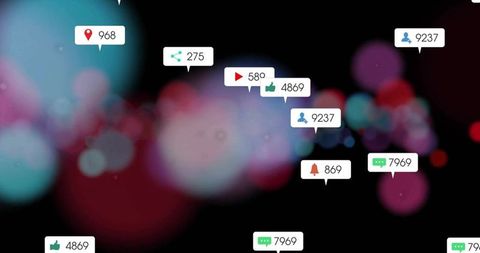 Social Media Notifications Floating Over Neon Bokeh Background with UI Speech Bubbles