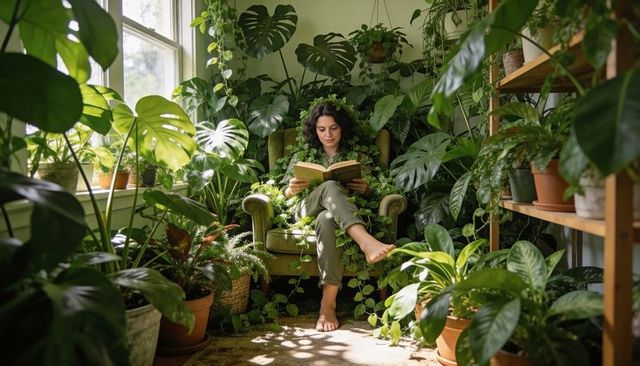 Woman reading in sunlit indoor jungle, cozy armchair surrounded by lush houseplants