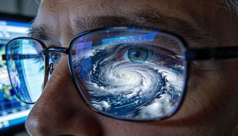 Senior analyst eye reflecting hurricane spiral on monitor, meteorology data forecasting