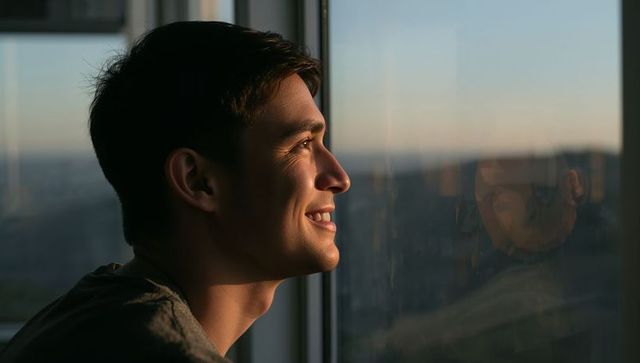 Smiling young man gazing through high-rise window at golden hour