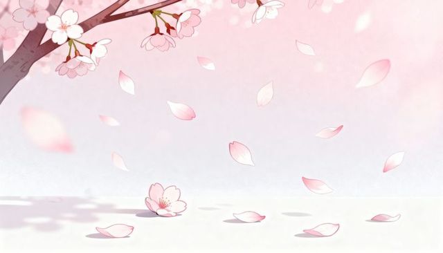 Drifting cherry blossom branch with falling petals over minimal pastel spring garden nook