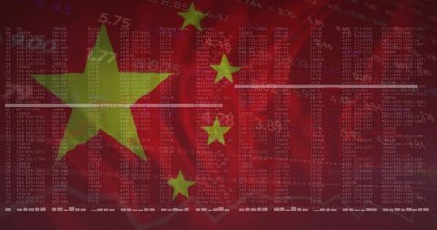Chinese flag waving over digital market data and stock chart, economic risk concept visual