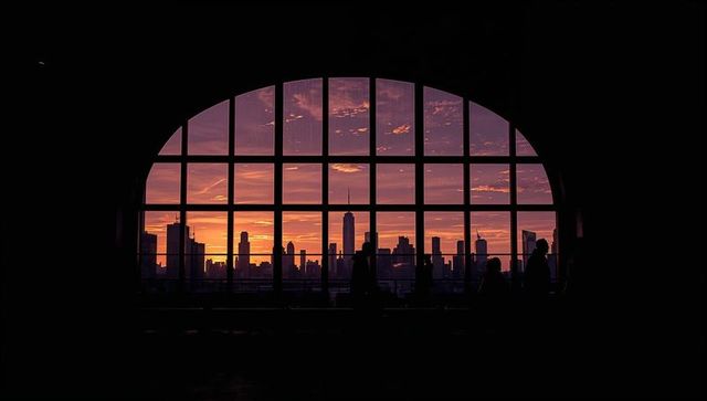 Framing sunset skyline through arched terminal window, silhouetted figures leaning on railing