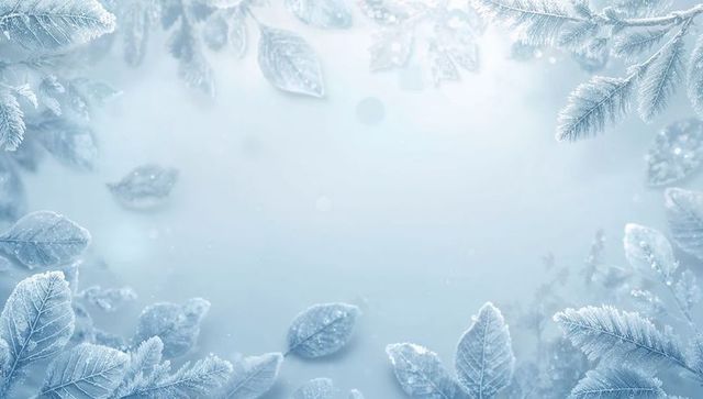 Framing frosted leaves and pine needles creating icy winter bokeh with soft center space
