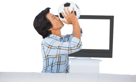 Asian Man Kissing Football Ball in Home Setting, Transparent Background