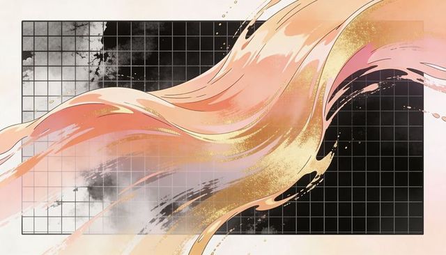 Peach and gold painterly brushstroke sweeping across black grid abstract background