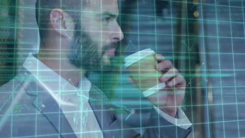 Businessman Analyzing Data with Coffee and Digital Overlay