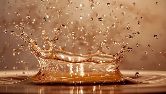 Forming amber crown splash with suspended droplets, bokeh highlights, macro backlit capture