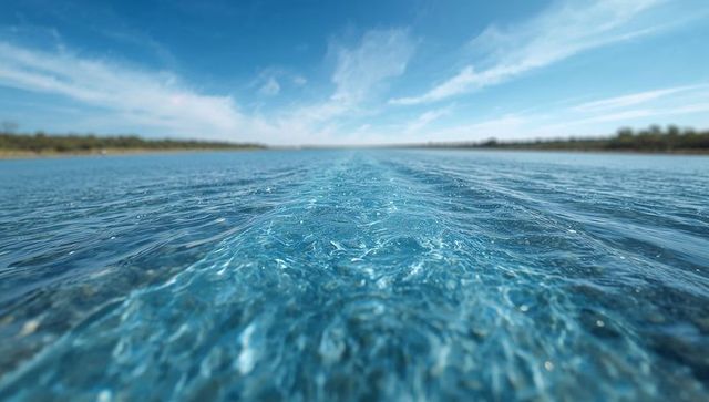 Rippling water forming central wake toward horizon under blue sky and soft clouds