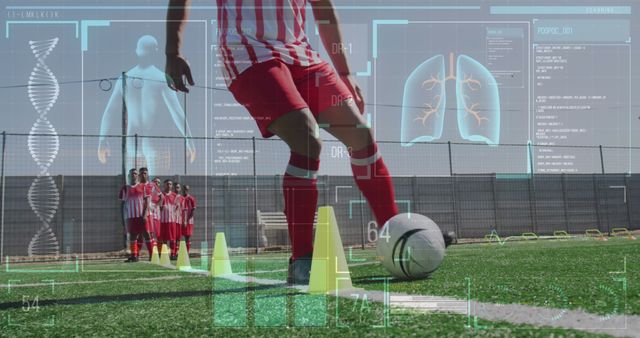 Digital interface with medical data processing against male soccer player training on grass field. sports and technology concept