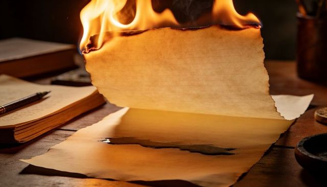 Burning aged parchment curling on wooden desk with charred edges and open journals