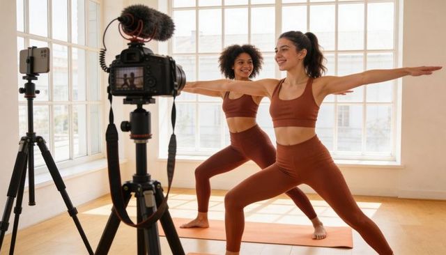 Filming duo practicing Warrior II yoga in sunlit studio wearing rust activewear