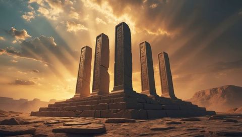 Majestic stone pillars at sunset in desert, ten commandments concept