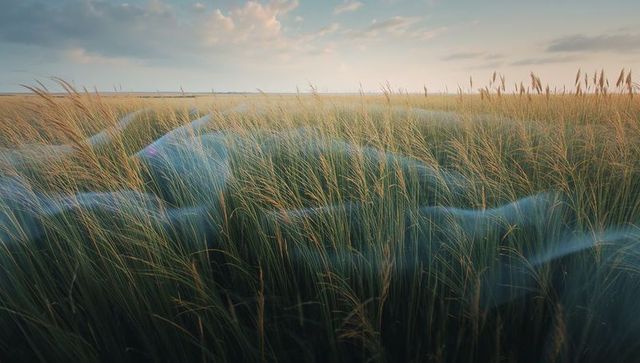 Golden coastal grasses swaying in blue mist with warm sidelight, dune marsh horizon calm