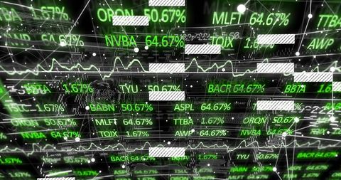 Futuristic neon trading dashboard with holographic green stock tickers and analytics ui