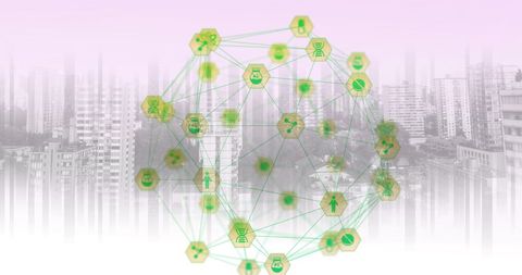 Globe of Green Digital Icons Over Urban Skyline - Download Free Stock Images Pikwizard.com