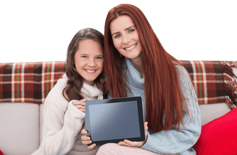 Happy Mother and Daughter Holding Tablet Transparent Background