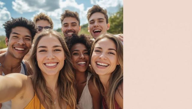 Diverse Group of Friends Taking Joyful Selfie in Sunny Park