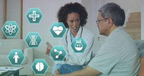 African American Doctor Consulting Patient with Medical Icons Overlay