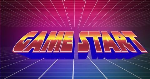 Retro Futuristic Video Game Start Sign with Grid Background