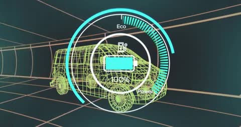 Futuristic Wireframe Van with Charging Battery HUD Interface