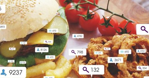 Gourmet sesame burger with cheddar, pickles, fries and onion rings, social ui badges
