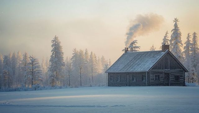 Solitary snow-covered log cabin emitting chimney smoke at winter sunrise in frosted taiga