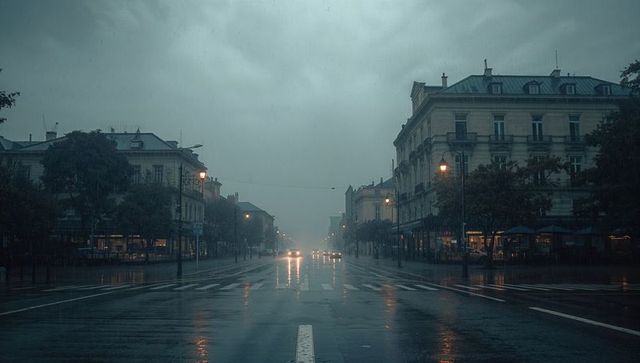 Rain-soaked city avenue at dusk reflecting headlights, wet pavement and lamplight