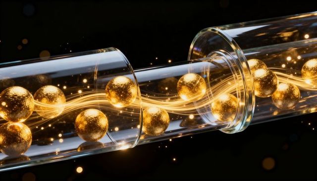 Glowing gold spheres flowing through transparent glass tubes with spark trails