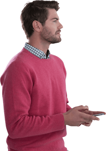 Profile of Thoughtful Man in Pink Sweater Holding Phone Transparent Background - Download Free Stock Videos Pikwizard.com