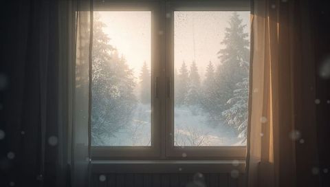 Looking Out Frosted Double-Pane Window Over Snowy Pine Forest at Soft Winter Sunrise